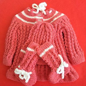 Pink Hand Knit Cardigan, hat and booties